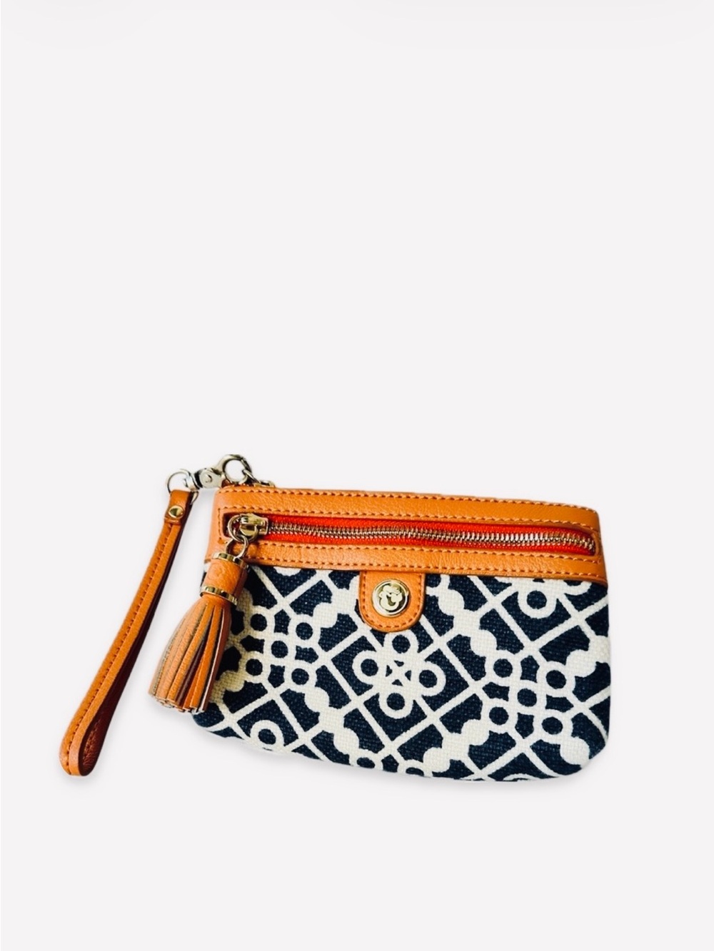 NWOT Rare‼️Spartina German Design Orange/Navy Patterned Wristlet Leather Accents